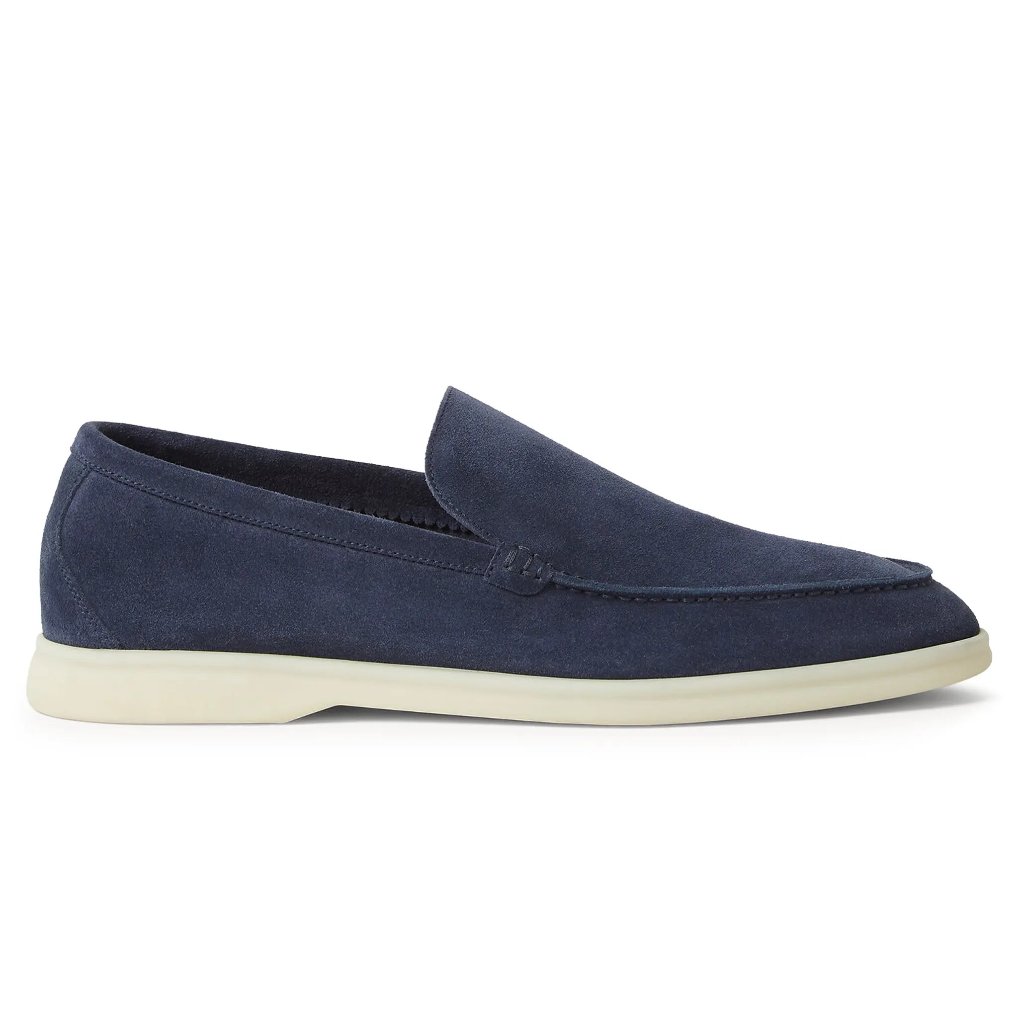 Side View of Loro Piana Summer Walk Suede Dark Deep Sea Loafers FAE8124_W1JT